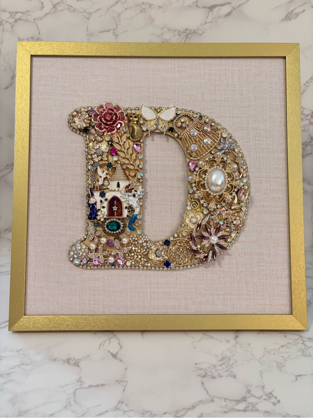Embellished Gold Letter D Wall Art with Pink Accents